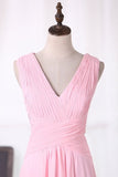 2024 Chiffon Bridesmaid Dresses A Line V Neck Ruched Bodice PQKEJCTC