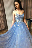 A-line Blue Spaghetti Straps Sweetheart Long Prom Dresses, Evening Dresses STI15048