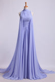 2024 High Neck Pleated Bodice Prom Dresses A-Line Chiffon Sweep PNL6RX7T