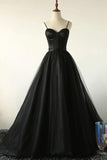 Charming Black Spaghetti Straps Sweetheart Tulle Evening Dresses, Formal STI20398