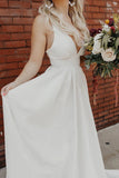 Simple Pleated Deep V White Wedding Dress PYMPE96E