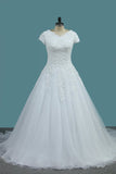 2024 Tulle Wedding Dresses V Neck Short Sleeves With Applique PNC7D48C