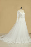 2024 A Line Long Sleeves Wedding Dresses Tulle With Applique And Sash Sweep PA3KBB8E