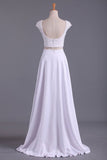 2024 Cap Sleeves Prom Dresses Scoop A Line Beaded Bodice Floor PRLCL9SN