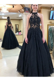 Halter Neckline Black Long Prom Dresses Formal Evening Dress Tulle STIPJHYQ138