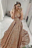 Puffy Sleeveless Sequined Court Train Prom Dress, Sparkly Sequin Evening Dresses STI15312