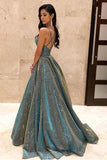 Sparkly Spaghetti Straps Green Sequins Prom Dresses Backless PKBNDAPL