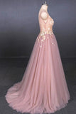 Elegant Pink V Neck Sleeveless Tulle Prom Dress with Appliques, A Line Tulle Evening Dresses STI15191