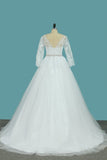 2024 Bateau Wedding Dresses Tulle A Line With Applique And Beads PD493Q9D