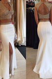 2024 Two-Piece V-Neck Prom Dresses With Beads And Slit Spandex PSN93NNF