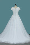 2024 Tulle Wedding Dresses V Neck Short Sleeves With Applique PNC7D48C