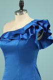 2024 One Shoulder Pleated Neckline Column Satin Prom Dress P6BAJ143