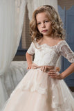 2024 Tulle Bateau Flower Girl Dresses Short Sleeves With P9ERL4DC