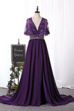 2024 A Line V Neck Chiffon & Lace With Beads And Slit PF2KX14H