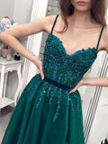 Charming A Line Green Tulle Spaghetti Straps Beading Prom Dresses V Neck Evening Dresses STI15502