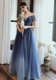 Charming A Line Blue Ombre Tulle Prom Dresses with Open Back, Evening STI20394