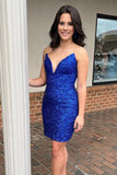 Sparkle Royal Blue Strapless V Neck Sequins Homecoming Dresses