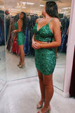 Two Piece Spaghetti Strap V Neck Sequins Short Homecoming Dresses