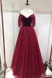 Spaghetti Straps Flowy Burgundy Long A-line Simple Princess Prom Dresses