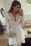 White A Line Deep V Neck Long Sleeve Beading Homecoming Dresses