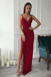 Burgundy Spaghetti Straps Side High Slit V Neck Satin Mermaid Long Prom Dresses