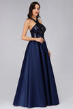 Cold Shoulder Sequin Navy Blue Prom Dresses Backless Satin Long Evening Dresses STI15132