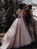 A-Line V Neck Open Back Tulle Long Prom Dresses with Applique, Backless Evening Dresses STI15054