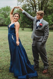 Straps A-Line Beaded Navy Blue Prom Dress P46NTHEF