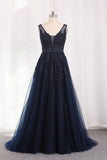 2024 A Line V Neck Tulle Open Back Prom Dresses PXLQ5M4F