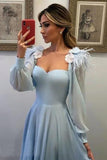 2024 Sky Blue Long Chiffon Prom Dresses With Sleeves P3RQKD6A