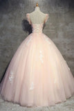 Tulle Long Prom Dress With Flowers Princess Ball Gown Sheer Neck PAE4THCL