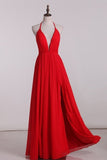 2024 Spaghetti Straps A Line Chiffon With Slit Open PPQ75PF6