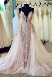 Spaghetti Straps Deep V Neck Tulle Prom Dress With Lace Appliques Bridal STIP2GZX4N7