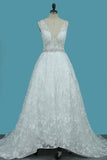 2024 Straps Lace Wedding Dresses A Line With Beaded PL285QF6