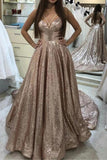 Puffy Sleeveless Sequined Court Train Prom Dress, Sparkly Sequin Evening Dresses STI15312