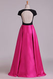 2024 Evening Dress Open Back V-Neck Short Sleeve A-Line Satin Black Bodice PSRZBQHE