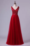 2024 V Neck Burgundy/Maroon Backless A Line/Princess Prom Dress With Tulle Skirt P623Y94K