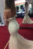 2024 Off The Shoulder Prom Dresses Mermaid Tulle With Beads PX9E91D7