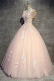 Tulle Long Prom Dress With Flowers Princess Ball Gown Sheer Neck PAE4THCL