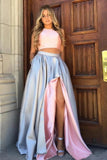 A Line Pink Grey Double Sides Wearable Prom Dresses High Slit Taffeta Evening Dresses STI15011