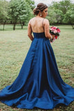 Straps A-Line Beaded Navy Blue Prom Dress P46NTHEF