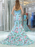 Elegant Mermaid Halter Two Pieces Blue Floral Prom Dresses, Beads Evening Dresses STI15178