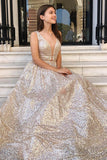 Modest Sparkly A Line Champagne V Neck Long Prom Dresses, Evening Dresses STI15269