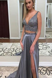 2024 A Line Two-Piece Deep-V Neck Satin With Beaded Bodice PRN929KF