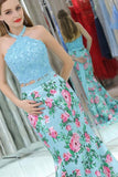 Elegant Mermaid Halter Two Pieces Blue Floral Prom Dresses, Beads Evening Dresses STI15178