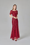 Elegant Mermaid Burgundy Tulle Prom Dresses Round Neck Long Evening Dresses STI15176