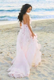 Boho Halter Backless Light Pink Chiffon Beach Wedding Dresses with Appliques Ruffles STI15082