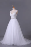 2024 V-Neck A Line Wedding Dresses Tulle Beaded Bodice P8PASBZZ