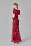 Elegant Mermaid Burgundy Tulle Prom Dresses Round Neck Long Evening Dresses STI15176