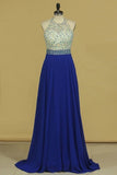 2024 Sexy Open Back Halter Beaded Bodice A Line Chiffon Sweep Train PM6YRQQ8